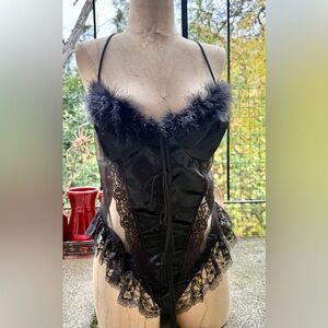 Vintage Feather and Lace Black Satin Teddy One Piece Playsuit Large